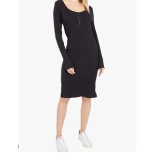 Pact Black Ribbed Stretch Knit Organic Cotton Midi Long Sleeve Dress Sz S